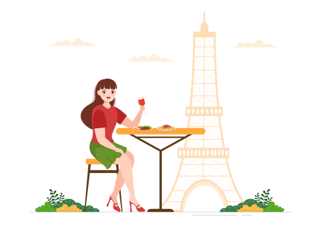 Mujer comiendo comida francesa  Ilustración