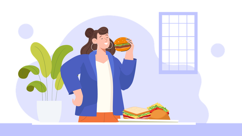 Mujer comiendo comida rapida  Ilustración