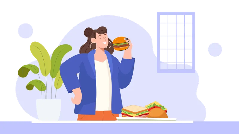 Mujer comiendo comida rapida  Ilustración