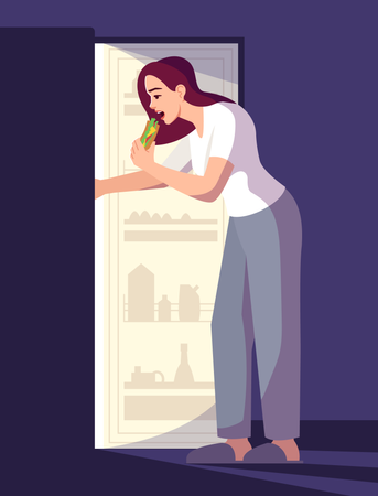 Mujer comiendo del refrigerador por la noche  Ilustración