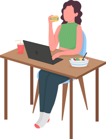 Mujer comiendo en el escritorio de la computadora  Ilustración