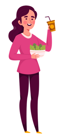 Mujer comiendo ensalada con bebida  Ilustración