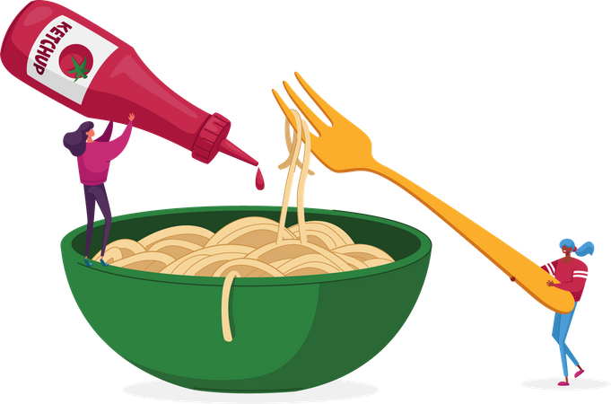 Mujer comiendo espaguetis  Ilustración