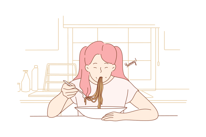 Mujer comiendo fideos  Ilustración