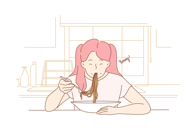 Mujer comiendo fideos  Ilustración