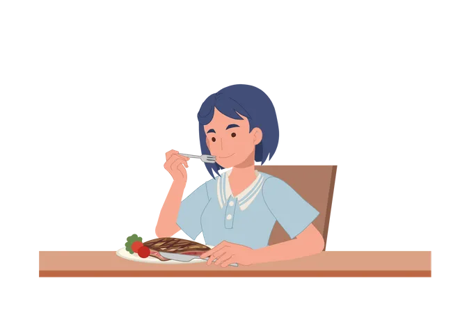 Mujer comiendo filete de ternera  Ilustración