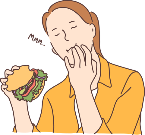 Mujer comiendo hamburguesa  Ilustración
