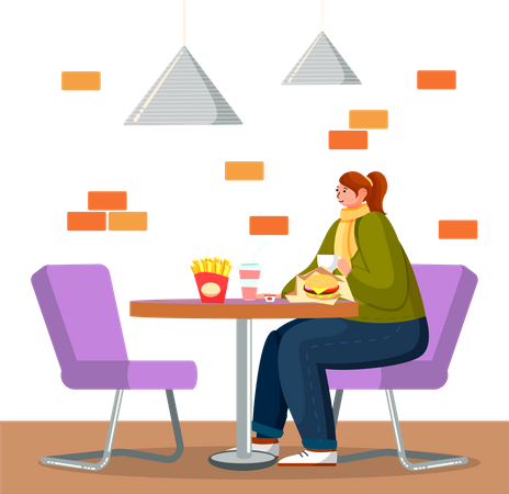 Mujer comiendo hamburguesa en restaurante de comida rápida  Ilustración