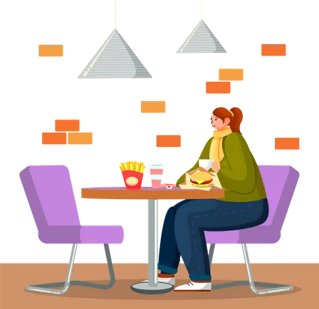 Mujer comiendo hamburguesa en restaurante de comida rápida  Ilustración