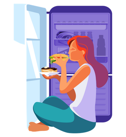 Mujer comiendo hamburguesa por la noche desde el refrigerador  Ilustración