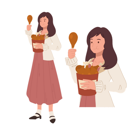 Mujer comiendo muslo de pollo frito  Ilustración