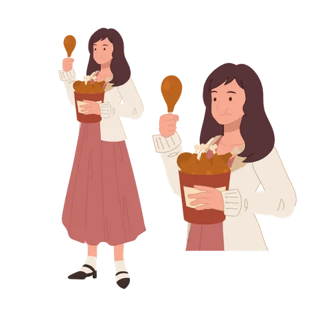 Mujer Comiendo Disfrutando Cubo De Muslo De Pollo Frito Pollo Delicioso Ilustracion De Dibujos Animados De Estilo Plano Vectorial Ilustración
