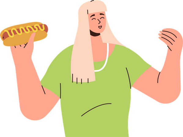 Mujer comiendo hot dog  Ilustración