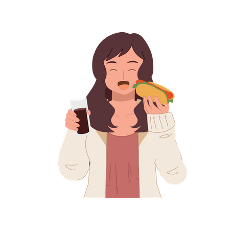 Mujer comiendo hot dog  Ilustración