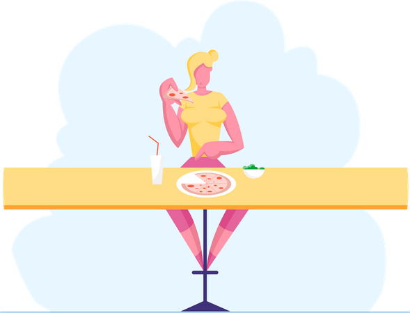 Mujer comiendo pizza en una pizzería  Ilustración