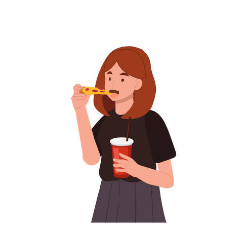 Mujer comiendo pizza mientras sostiene un refresco  Ilustración