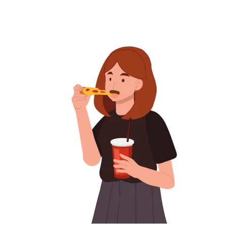 La Mujer Esta Comiendo Una Porcion De Pizza Mientras Sostiene Un Refresco De Vidrio En La Otra Mano Disfrute Del Concepto De Comer Ilustracion Vectorial Ilustración