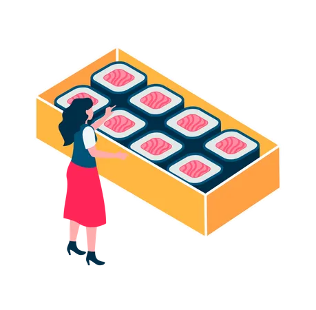 Mujer comiendo sushi  Ilustración