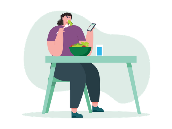 Mujer comiendo verduras verdes  Ilustración