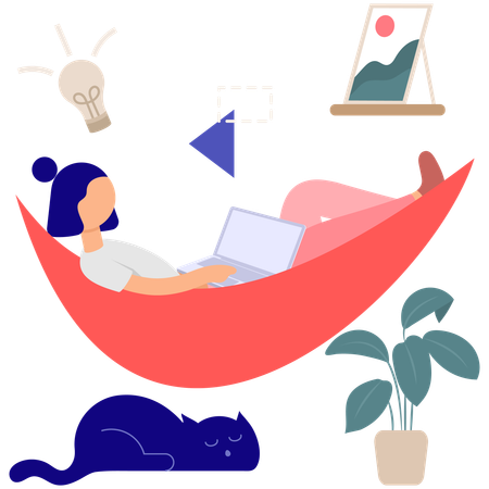 Mujer acogedora y concentrada trabajando en una hamaca  Ilustración