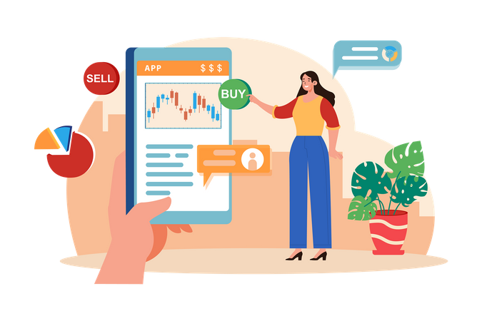 Mujer comparando compra y venta en el mercado de valores  Ilustración