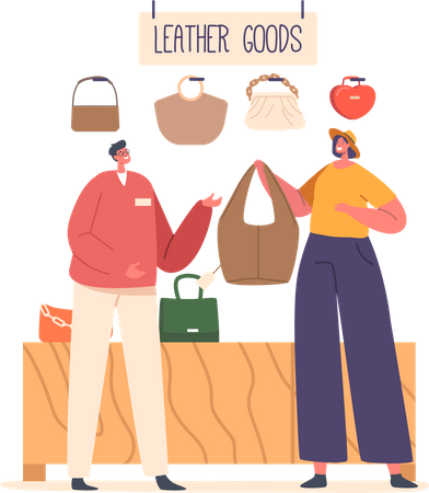 Mujer compra bolso elegante en la tienda  Ilustración