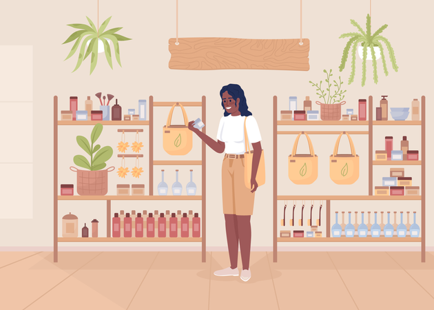 Mujer comprando cosméticos ecológicos  Ilustración