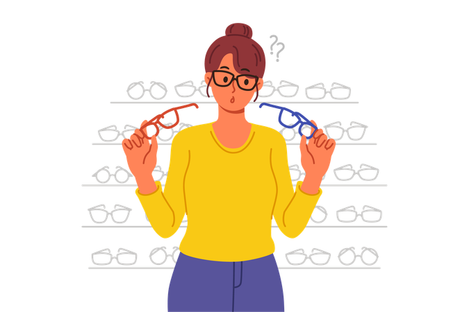 La mujer compra gafas en la tienda con una gran variedad de lentes y monturas y elige entre dos opciones  Ilustración