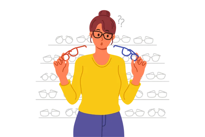 La mujer compra gafas en la tienda con una gran variedad de lentes y monturas y elige entre dos opciones  Ilustración