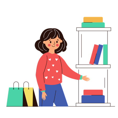 Mujer compra libro en librería  Ilustración