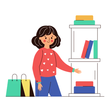 Mujer compra libro en librería  Ilustración