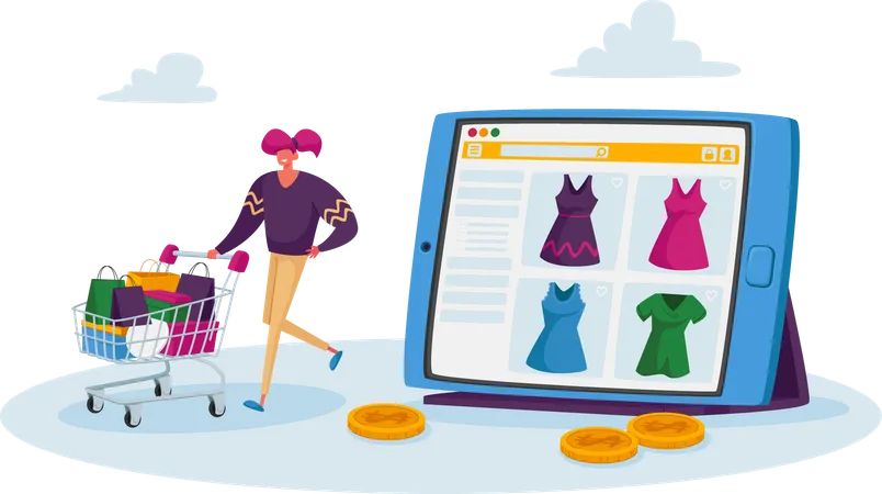 Mujer comprar productos de moda online  Ilustración