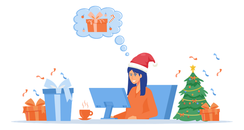 Mujer compra regalos de Navidad online  Ilustración