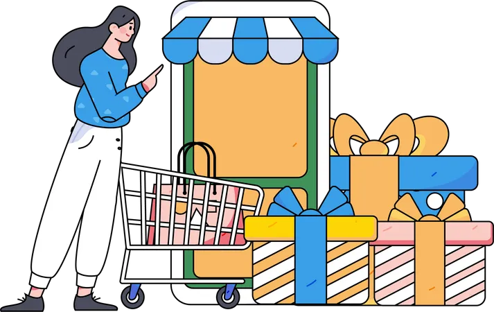 Mujer compra ropa desde aplicación de compras  Ilustración