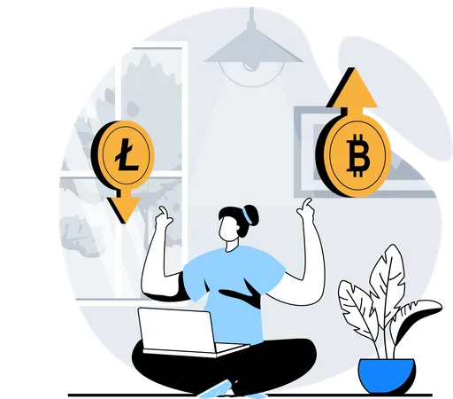 Mujer compra y vende criptomonedas  Illustration