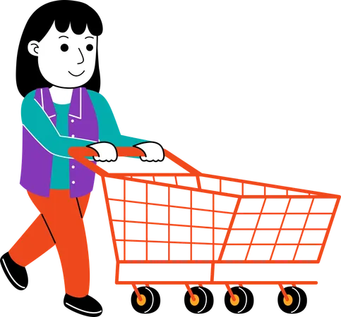 Mujer Shopper empujando un carrito vacío  Ilustración