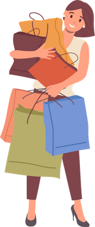 Compradora feliz sosteniendo con muchas bolsas de compras sintiendo placer por la compra  Ilustración