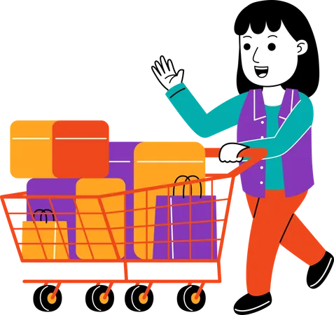 Mujer Shopper llevando comestibles en el carrito  Ilustración