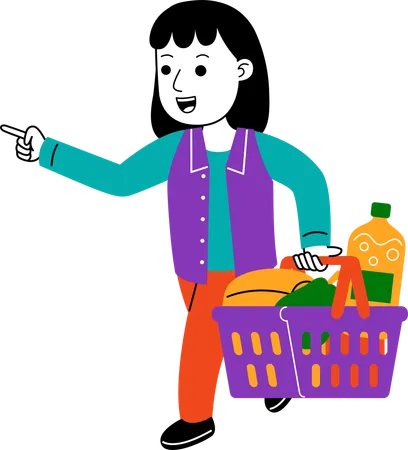 Mujer Shopper llevando comestibles en una canasta  Ilustración