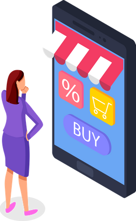 La compradora selecciona un producto en el sitio web de una tienda en la pantalla de un teléfono inteligente  Ilustración