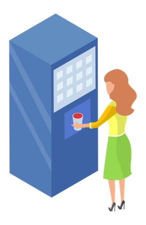 Mujer comprando agua en máquina expendedora  Ilustración
