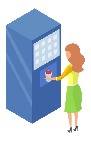 Mujer comprando agua en máquina expendedora  Ilustración