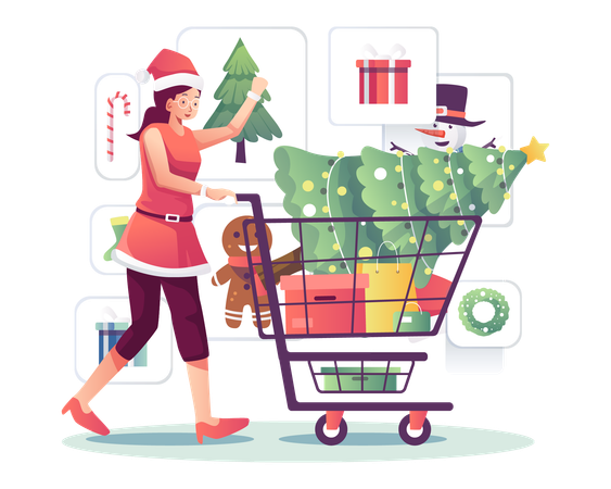 Mujer comprando árbol de Navidad  Ilustración