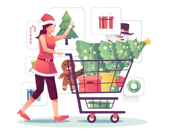 Mujer comprando árbol de Navidad  Ilustración