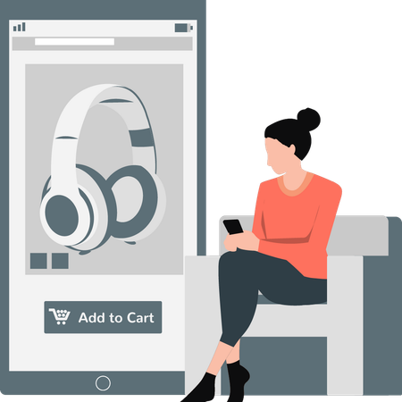 Mujer comprando auriculares en línea  Ilustración