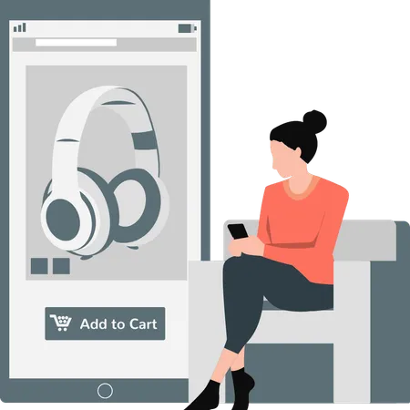 Mujer comprando auriculares en línea  Ilustración