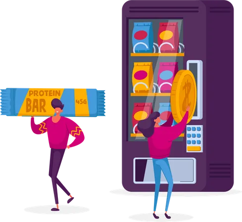 Mujer comprando barra de proteína en una máquina expendedora  Ilustración