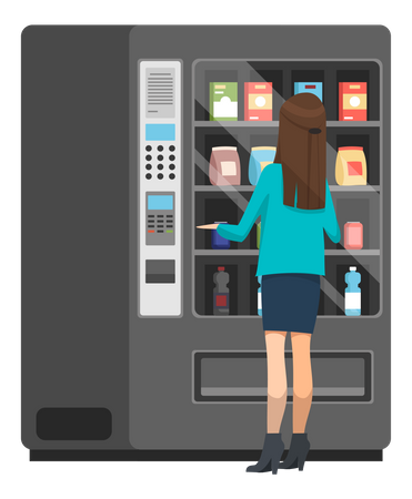 Mujer comprando bocadillos en una máquina expendedora  Ilustración