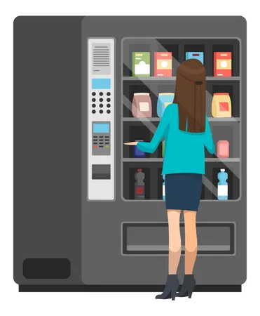 Mujer comprando bocadillos en una máquina expendedora  Ilustración