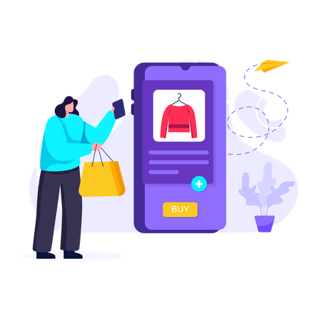 Mujer comprando bolso desde la aplicación de compras en línea  Ilustración
